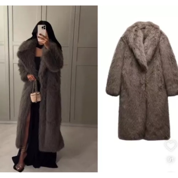 ZARA TAUPE GRAY LONG FAUX FUR COAT - Picture 14 of 16